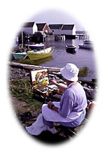 artist painting a landscape with fishing boats, Blue Rocks N.S.
