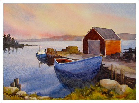 watercolour painting of fishing boats in Shad Bay, Nova Scotia