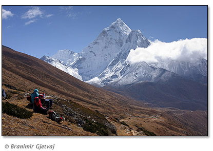 Image of trekkers in front of Mt. Ama Dablam (6812 m), Khumbu region, Himalayas, Nepal
